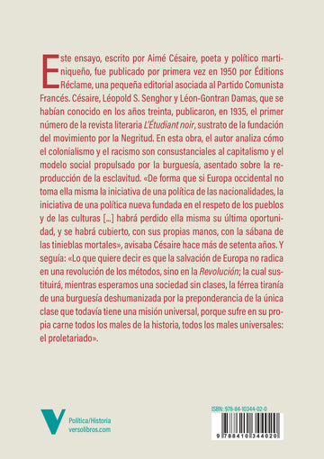 Contraportada de Discurso sobre el colonialismo — Verso Libros